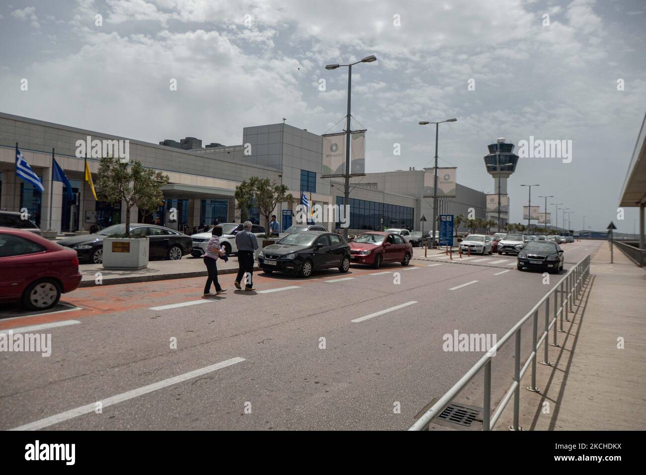 Exterior of the departure area and the control tower of Athens Airport