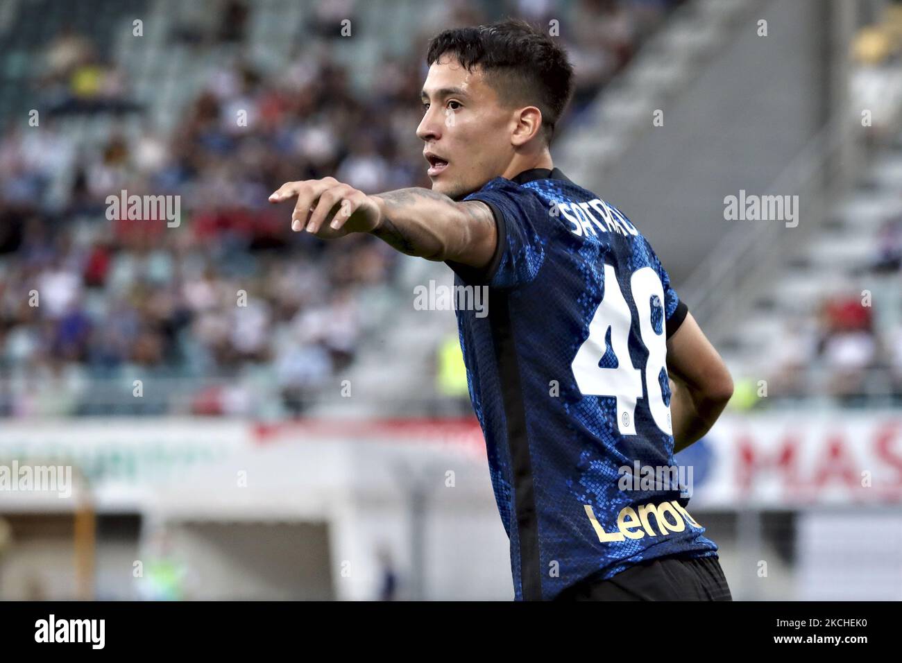 Martin Satriano of FC Internazionale gestures during the Pre-Season Friendly match between Lugano and FC Internazionale at Cornaredo Stadium on July 17, 2021 in Lugano, Switzerland. (Photo by Giuseppe Cottini/NurPhoto) Stock Photo