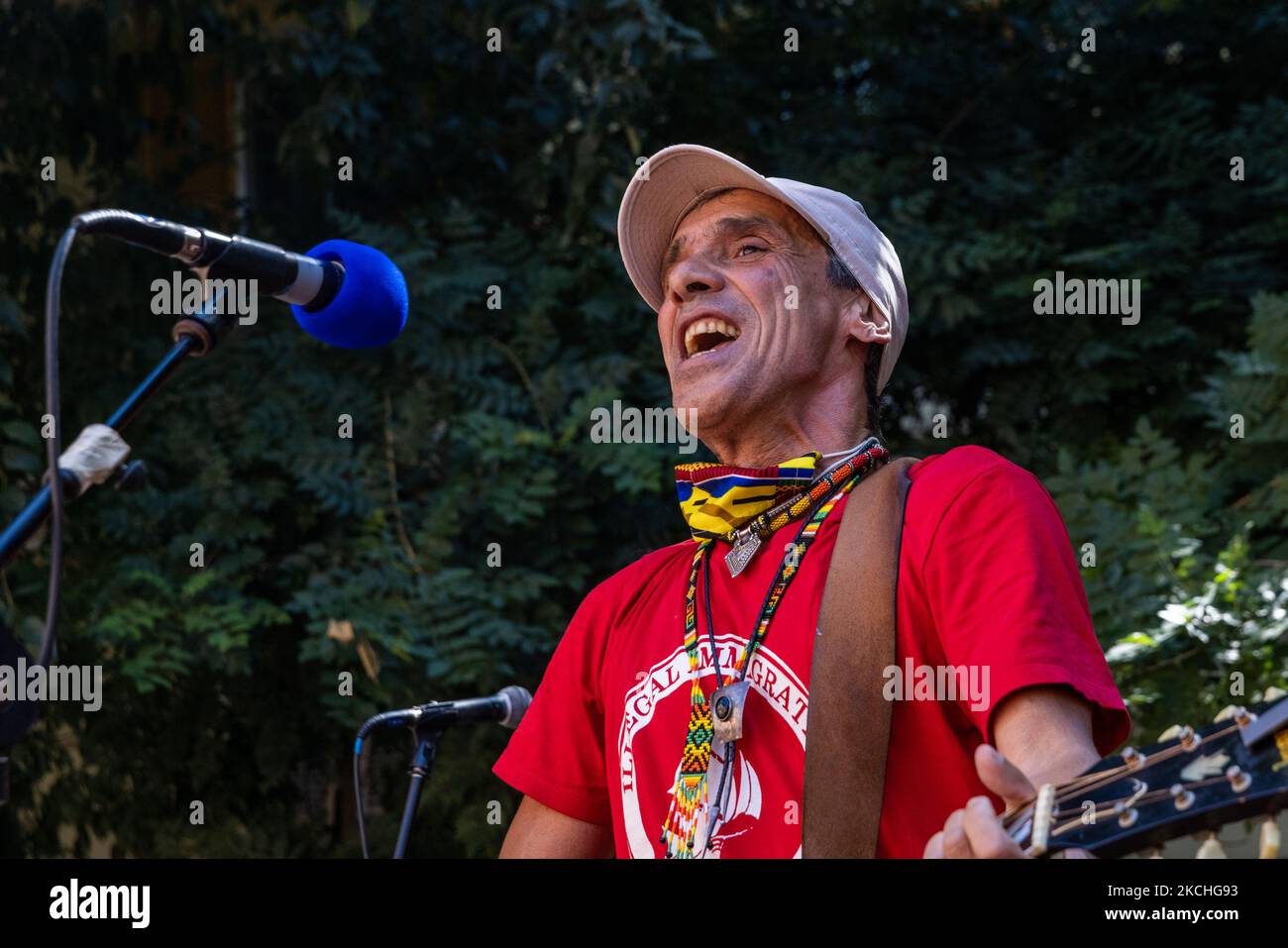 The musician Manu Chao takes part in the demonstration in Piazza Alimonda. Twenty years after the G8 and the brutal repression of the anti-globalization movement, People gathered in Piazza Alimonda, in Turin, Italy, on July 20, 2021, where Carlo Giuliani was killed, in a pacific demonstration. That is a part of initiatives and events for the twentieth anniversary of the Genoa G8 held in July 2001, when the anti-globalization movement was violently repressed by the police and the young activist, Carlo Giuliani was killed. (Photo by Mauro Ujetto/NurPhoto) Stock Photo