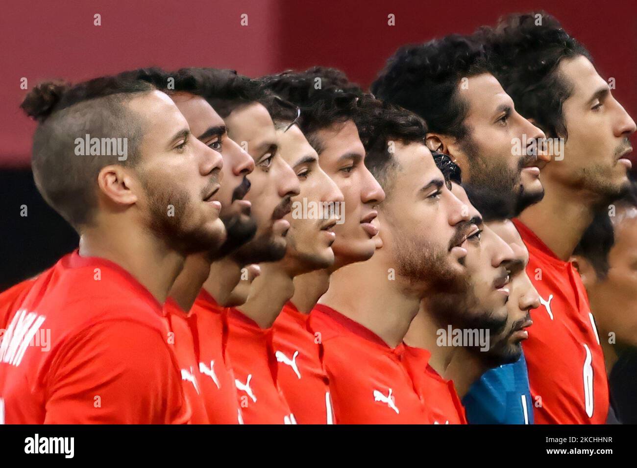 Players of Team Egypt stand for the national anthem prior to the Men's