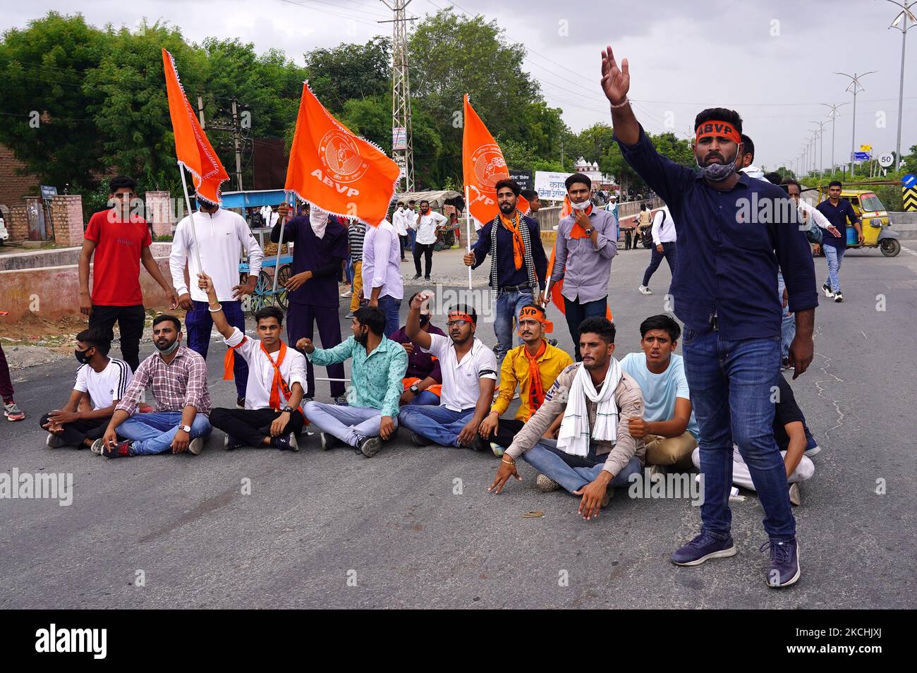 Members of ABVP protest outside the Rajasthan Public Service Commission (RPSC) over allegations of corruption in the interview in RAS Recruitment 2018, in Ajmer, Rajasthan, India on 23 July 2021. (Photo by Himanshu Sharma/NurPhoto) Stock Photo