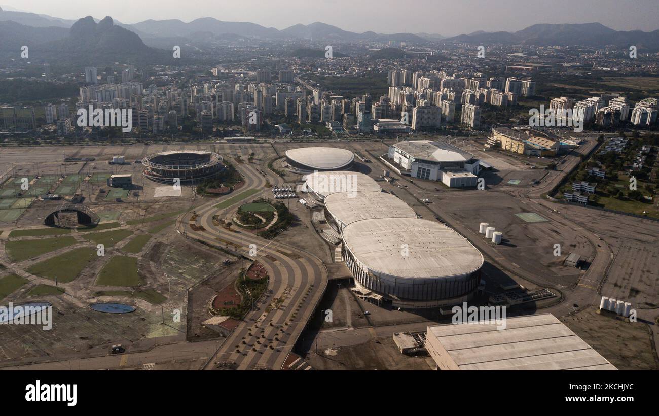 aerial view of the Olympic park in Rio de Janeiro, located in the west of the city, on July 22, 2021 in Rio de Janeiro, Brazil. Mayor Eduardo Paes asked the Brazilian Olympic Committee (COB) about the use of the park as a legacy of the 2016 Olympics during a press conference of press, stating that the equipment is in the park to be used. (Photo by Allan Carvalho/NurPhoto) Stock Photo