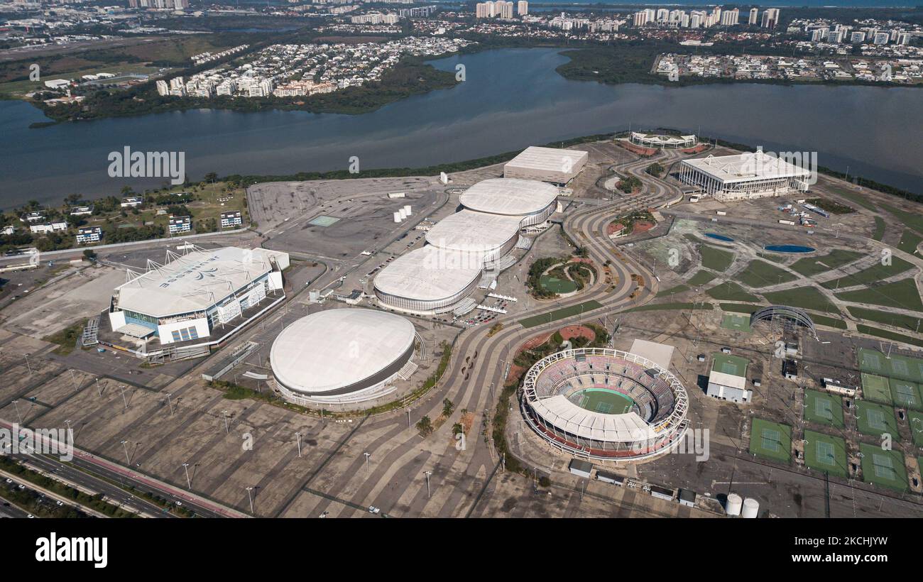 aerial view of the Olympic park in Rio de Janeiro, located in the west of the city, on July 22, 2021 in Rio de Janeiro, Brazil. Mayor Eduardo Paes asked the Brazilian Olympic Committee (COB) about the use of the park as a legacy of the 2016 Olympics during a press conference of press, stating that the equipment is in the park to be used. (Photo by Allan Carvalho/NurPhoto) Stock Photo