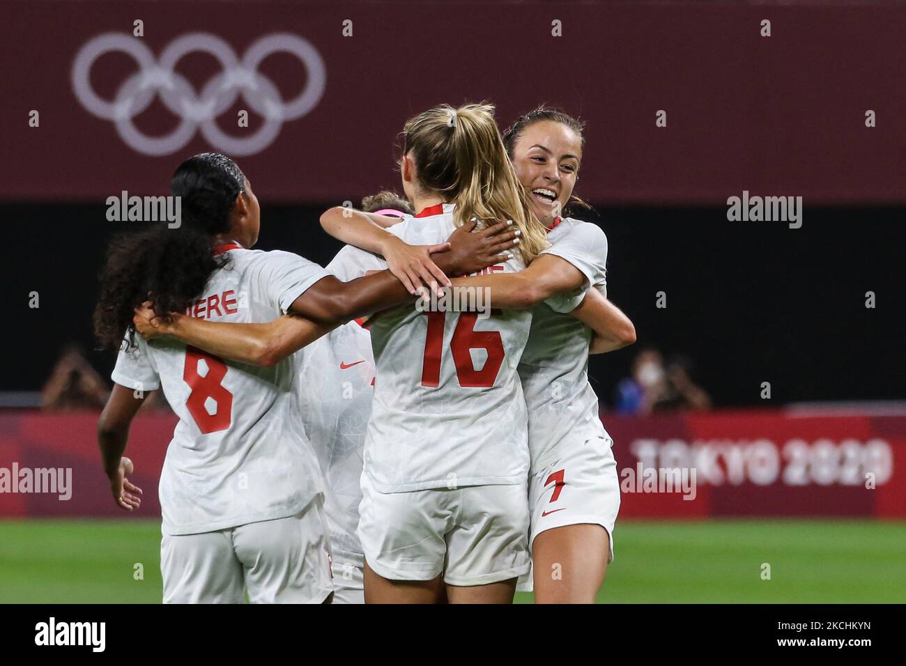 (16) Janine BECKIE of Team Canada celebrating with a first goal with teammates during the Women's First Round Group E match between Chile and Canada on day one of the Tokyo 2020 Olympic Games at Sapporo Dome Stadium (Photo by Ayman Aref/NurPhoto) Stock Photo