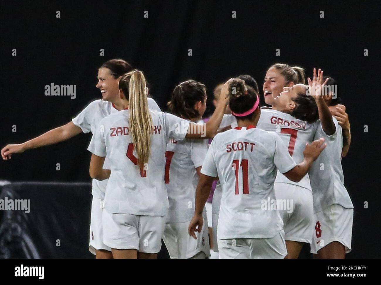 (16) Janine BECKIE of Team Canada celebrating with a second goal with teammates during the Women's First Round Group E match between Chile and Canada on day one of the Tokyo 2020 Olympic Games at Sapporo Dome Stadium (Photo by Ayman Aref/NurPhoto) Stock Photo