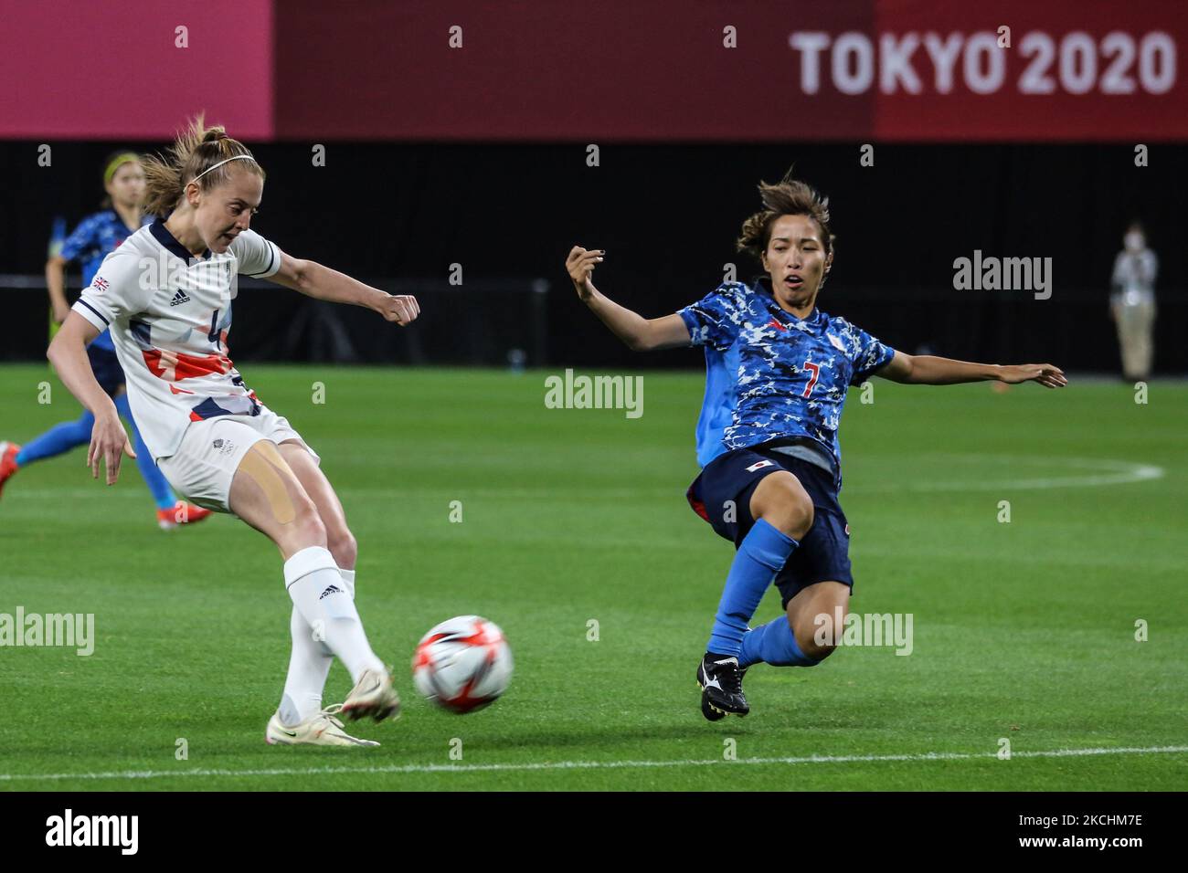 (7) Emi NAKAJIMA of Team Japan is challenged by (4) Keira WALSH of Team Great Britain during the Women's First Round Group E match between Japan and Great Britain on day one of the Tokyo 2020 Olympic Games at Sapporo Dome Stadium (Photo by Ayman Aref/NurPhoto) Stock Photo