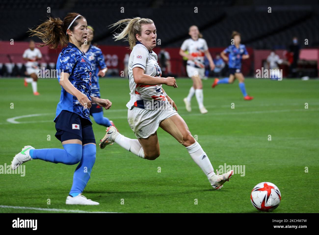(2) Risa SHIMIZU of Team Japan is challenged by (15) Lauren HEMP of Team Great Britain during the Women's First Round Group E match between Japan and Great Britain on day one of the Tokyo 2020 Olympic Games at Sapporo Dome Stadium (Photo by Ayman Aref/NurPhoto) Stock Photo