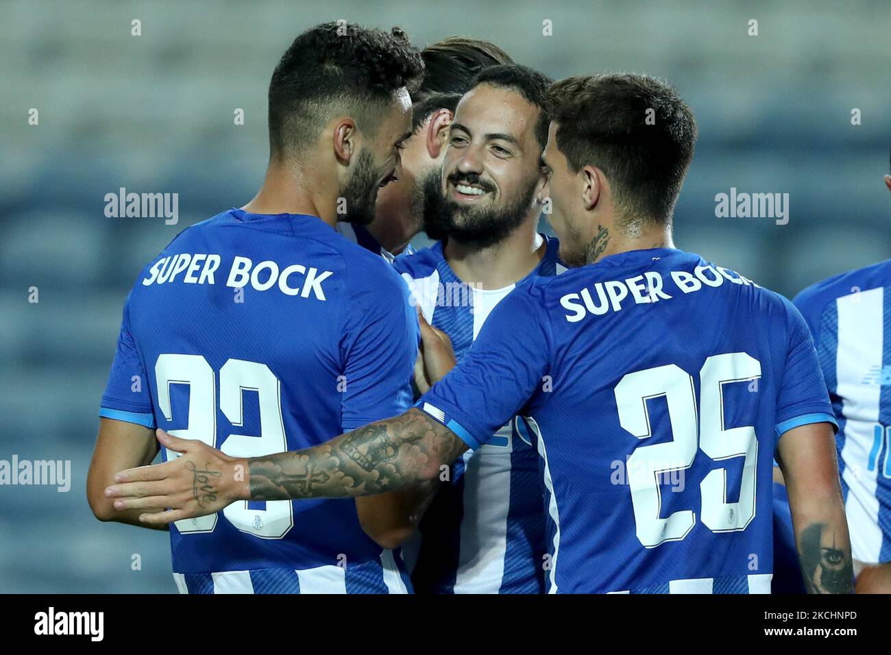 Bruno Costa of FC Porto (C ) celebrates with teammates after scoring during the pre-season friendly football match between FC Porto and Lille OSC at the Algarve stadium in Loule, Portugal on July 25, 2021. (Photo by Pedro FiÃºza/NurPhoto) Stock Photo