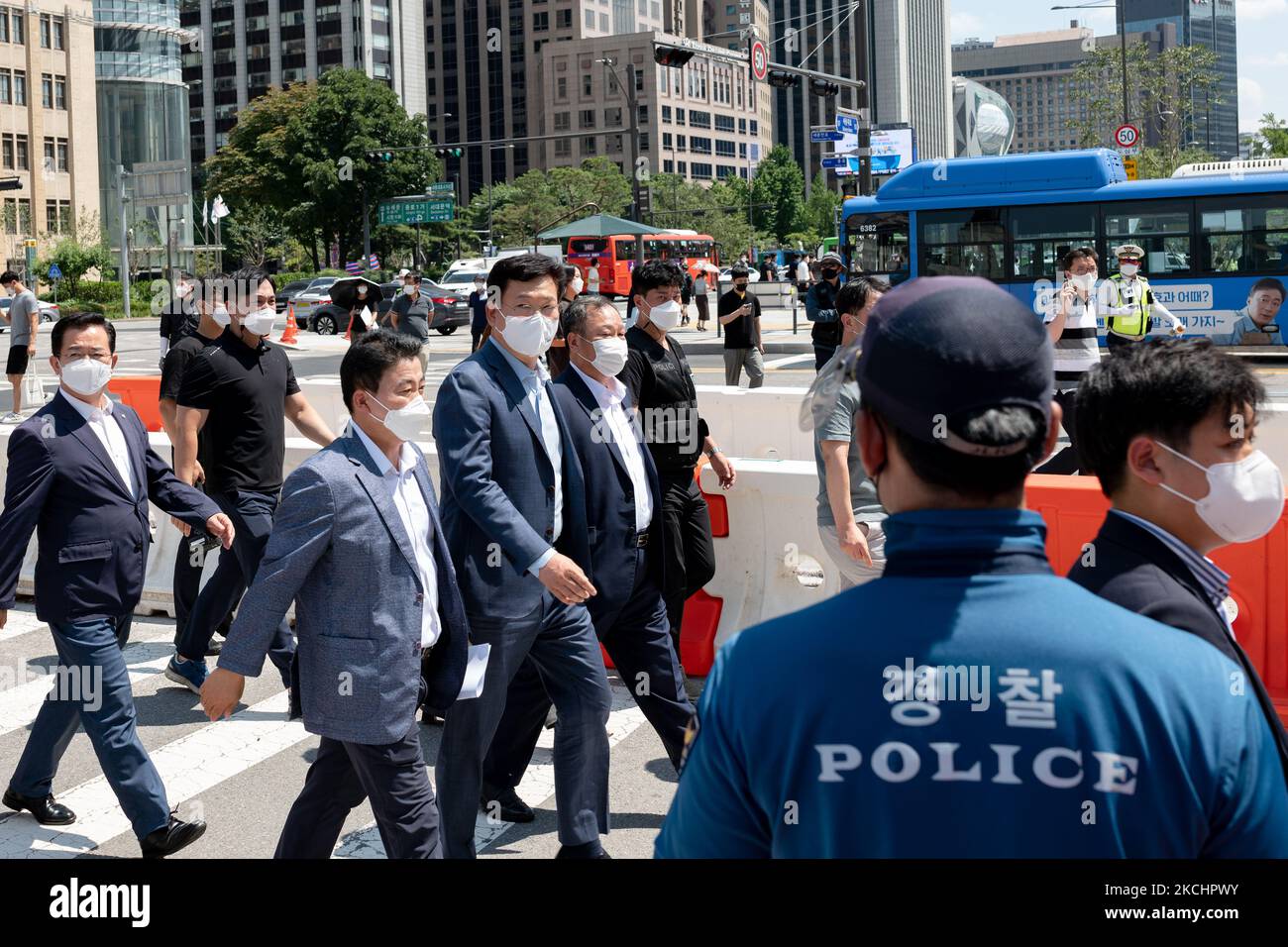 Song Young-gil, the Democratic Party's representative arrives for a press conference at the Sewol memorial space on July 26, 2021 in Seoul, South Korea. Seoul Mayor Oh Se-hoon planned to demolish the memorial space for the victims of the Seowall disaster located in Gwanghwamun Square in Seoul on July 26 without agreement with the bereaved families because of the renovation of the plaza. However, due to the opposition of the bereaved family, the ruling party, and the civic groups the demolition was not carried out. The Sewol ferry disaster off South Korea's southwest coast claimed 304 lives, mo Stock Photo