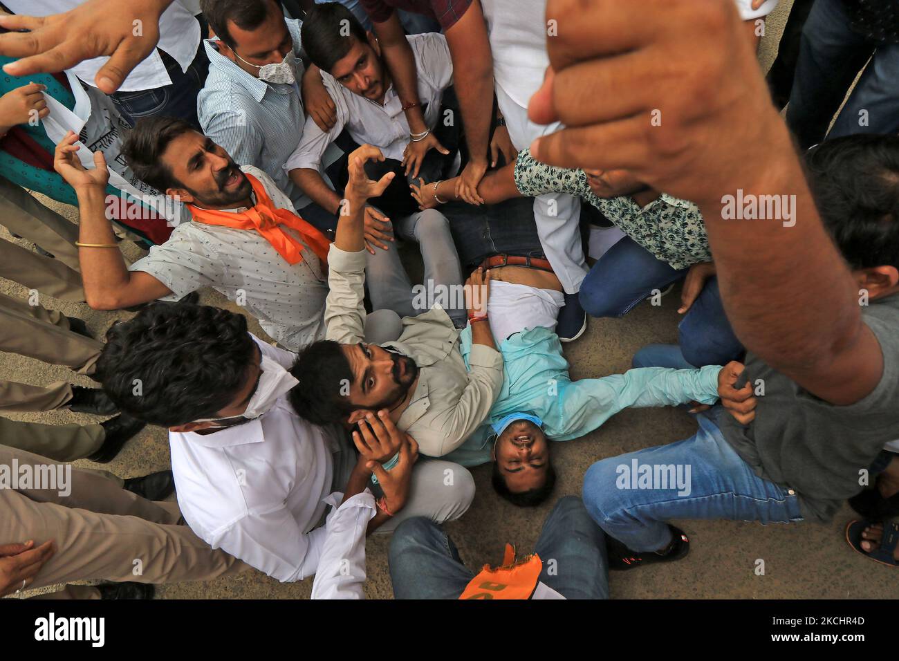 Akhil Bharatiya Vidyarthi Parishad 'ABVP' activists protest against the state government for their demands at Rajasthan University in Jaipur, Rajasthan, India, on, July 26, 2021. (Photo by Vishal Bhatnagar/NurPhoto) Stock Photo