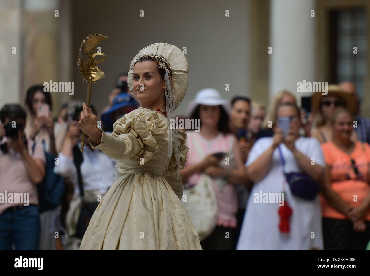 Dancers of the Terpsichore Dance Theater and actresses of the Nomina Rosae Theater during a fashion show of reconstructions of renaissance court creations from the circle of the Jagiellonian court (14th-16th century), as well as foreign courts, which influenced the appearance of the costumes of the elite in old Poland. On Saturday, July 24, 2021, at Wawel Royal Castle, in Krakow, Lesser Poland Voivodeship, Poland. (Photo by Artur Widak/NurPhoto) Stock Photo