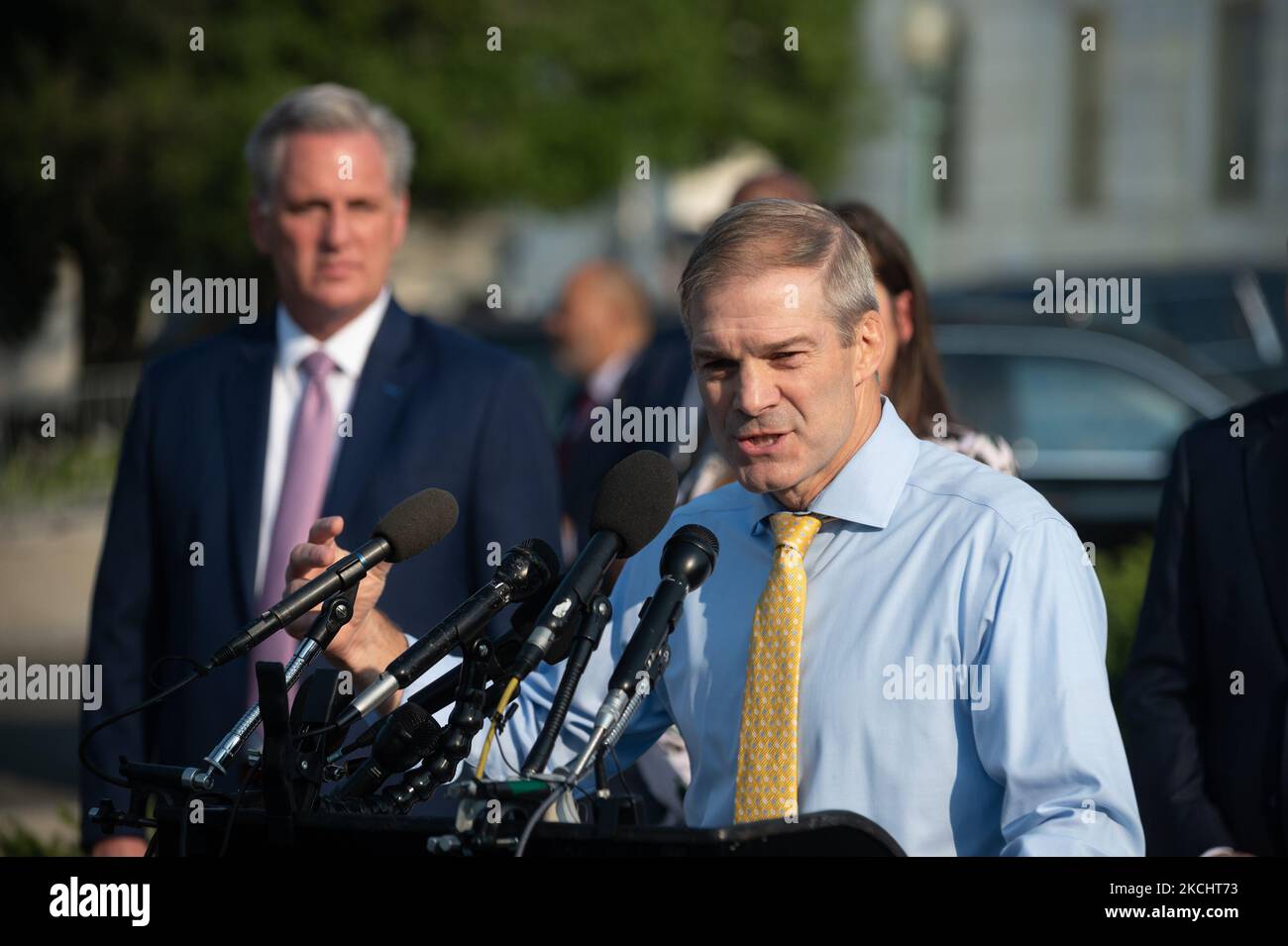 Repubican Leader Kevin McCarthy, Republican Whip Steve Scalise, Rep. Jim Jordan, Republican Conference Chairwoman Elise Stefanik and others hold a press conference in front of the U.S. Capitol July 27, 2021 in Washington, DC. Leader McCarthy held a news conference to discuss the January 6th Committee. (Photo by Zach D Roberts/NurPhoto) Stock Photo