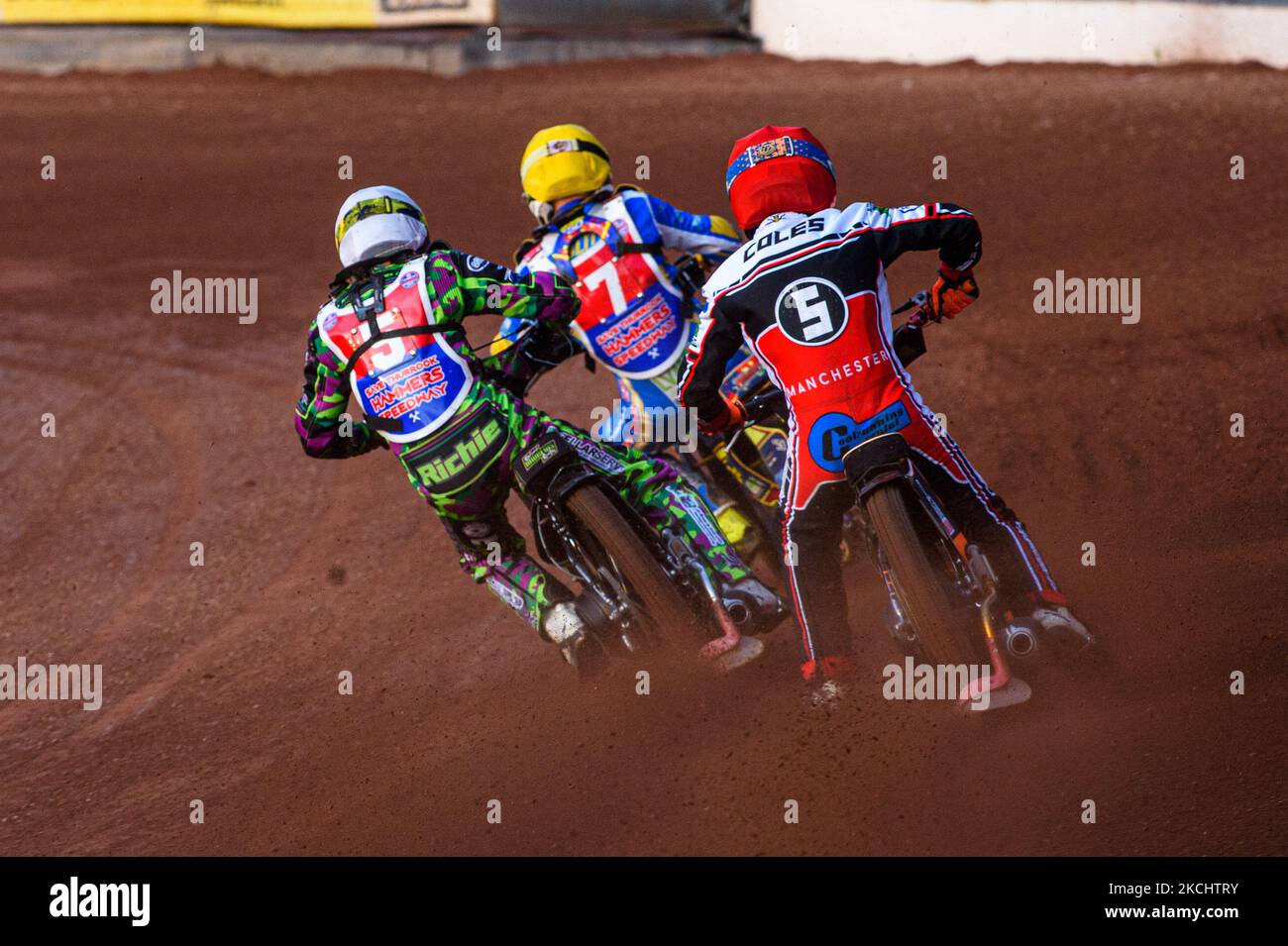 Connor Coles r  chases Richard Andrews (White) and Nathan Ablitt (Yellow) during the National Development League match between Belle Vue Colts and Eastbourne Seagulls at the National Speedway Stadium, Manchester on Friday 23rd July 2021. (Photo by Ian Charles/MI News/NurPhoto) Stock Photo