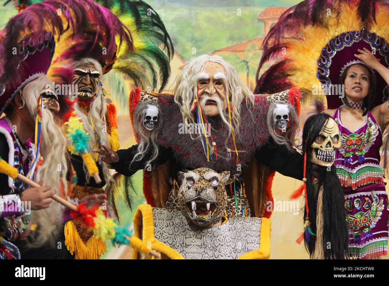 Bolivian dancers dressed in traditional costumes dancing the Tobas