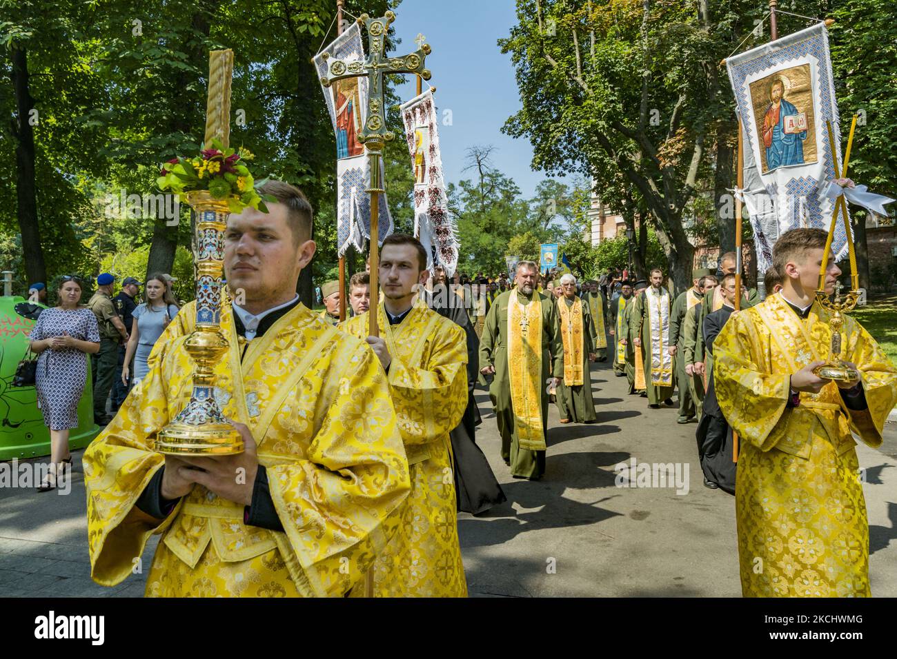 March through the streets of Kiev during the celebrations of the Day of Baptism of Kievan Rus. The Baptism of Kievan Rus is a tradition remembrance of the christianization of an ancient slavic federation from the late 9th to the mid-13th century. On July 28, 2021 in Kyiv, Ukraine. (Photo by Celestino Arce/NurPhoto) Stock Photo