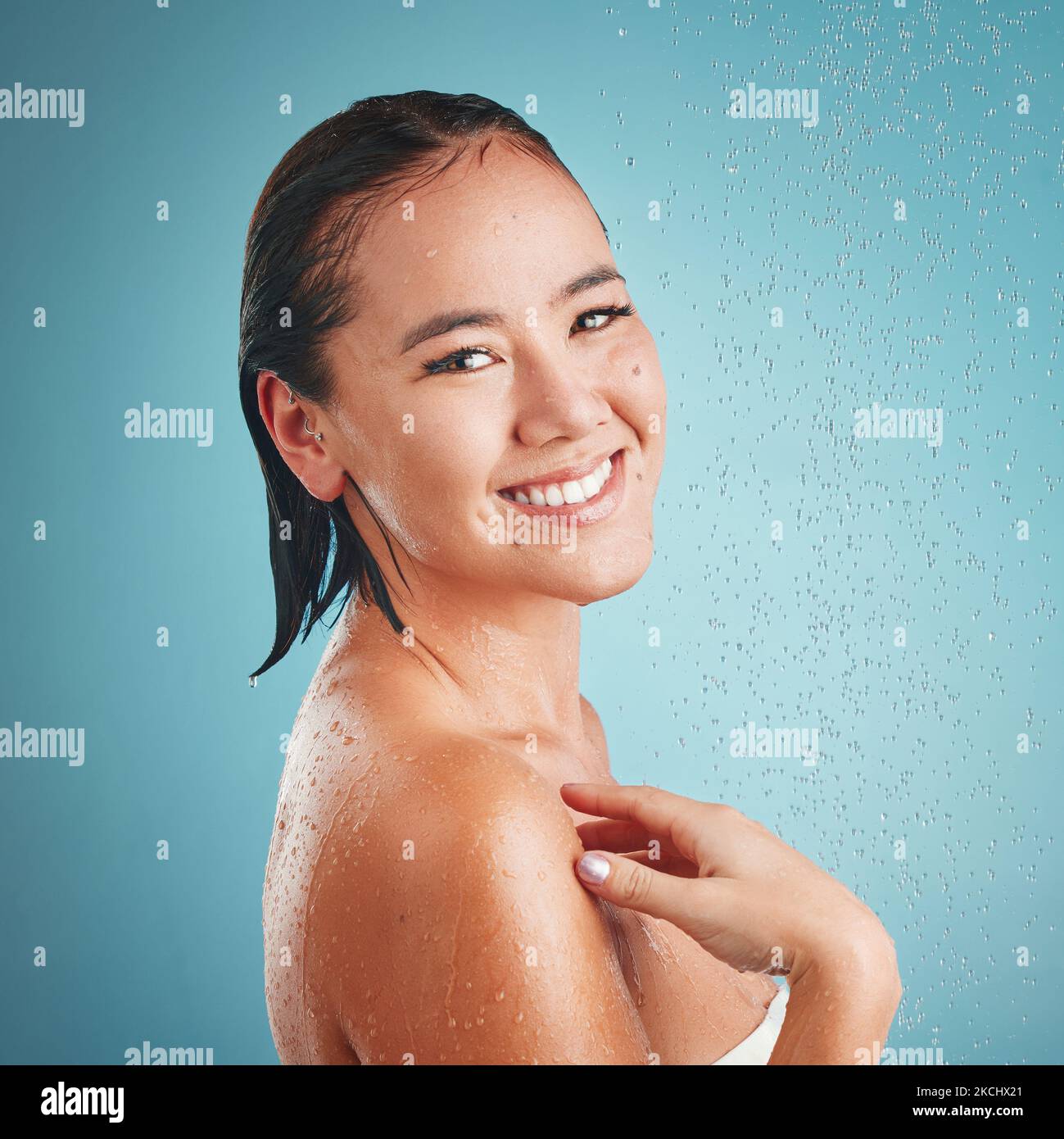 Shower, hygiene and clean, woman in beauty portrait, skincare with