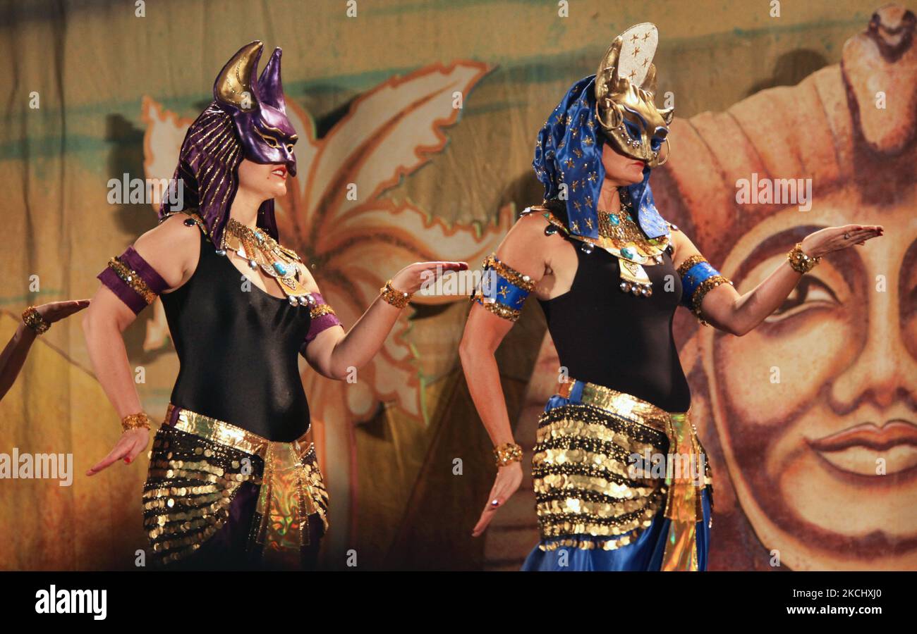 Egyptian dancers perform a dance to pay homage to the ancient Egyptian