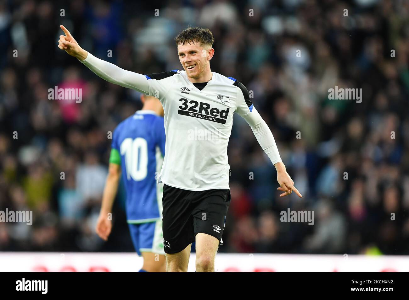 Max Bird of Derby County celebrates after scoring a goal to make it 1-0 during the Pre-season Friendly match between Derby County and Real Betis Balompi at the Pride Park, Derby on Wednesday 28th July 2021. (Photo by Jon Hobley/MI News/NurPhoto) Stock Photo