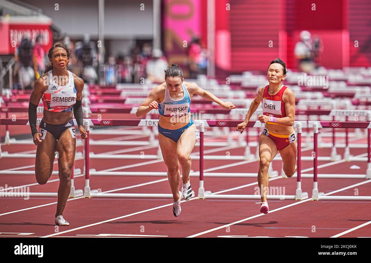 Reetta Hurske from Finland during 100 meter hurdles for women at the Tokyo Olympics, Tokyo Olympic stadium, Tokyo, Japan on July 31, 2021. (Photo by Ulrik Pedersen/NurPhoto) Stock Photo
