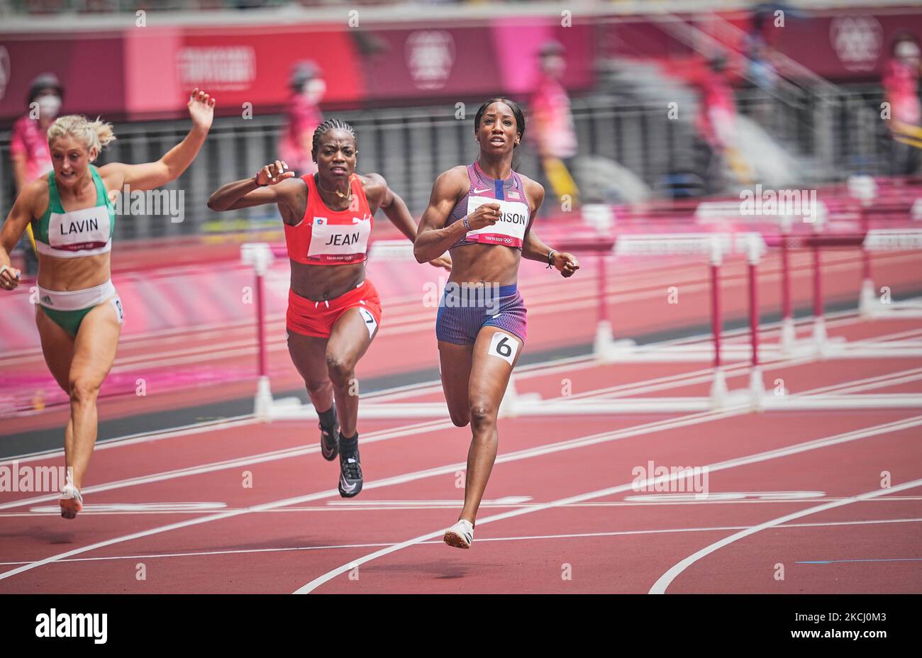 Kendra Harrison from USA during 100 meter hurdles for women at the Tokyo Olympics, Tokyo Olympic stadium, Tokyo, Japan on July 31, 2021. (Photo by Ulrik Pedersen/NurPhoto) Stock Photo