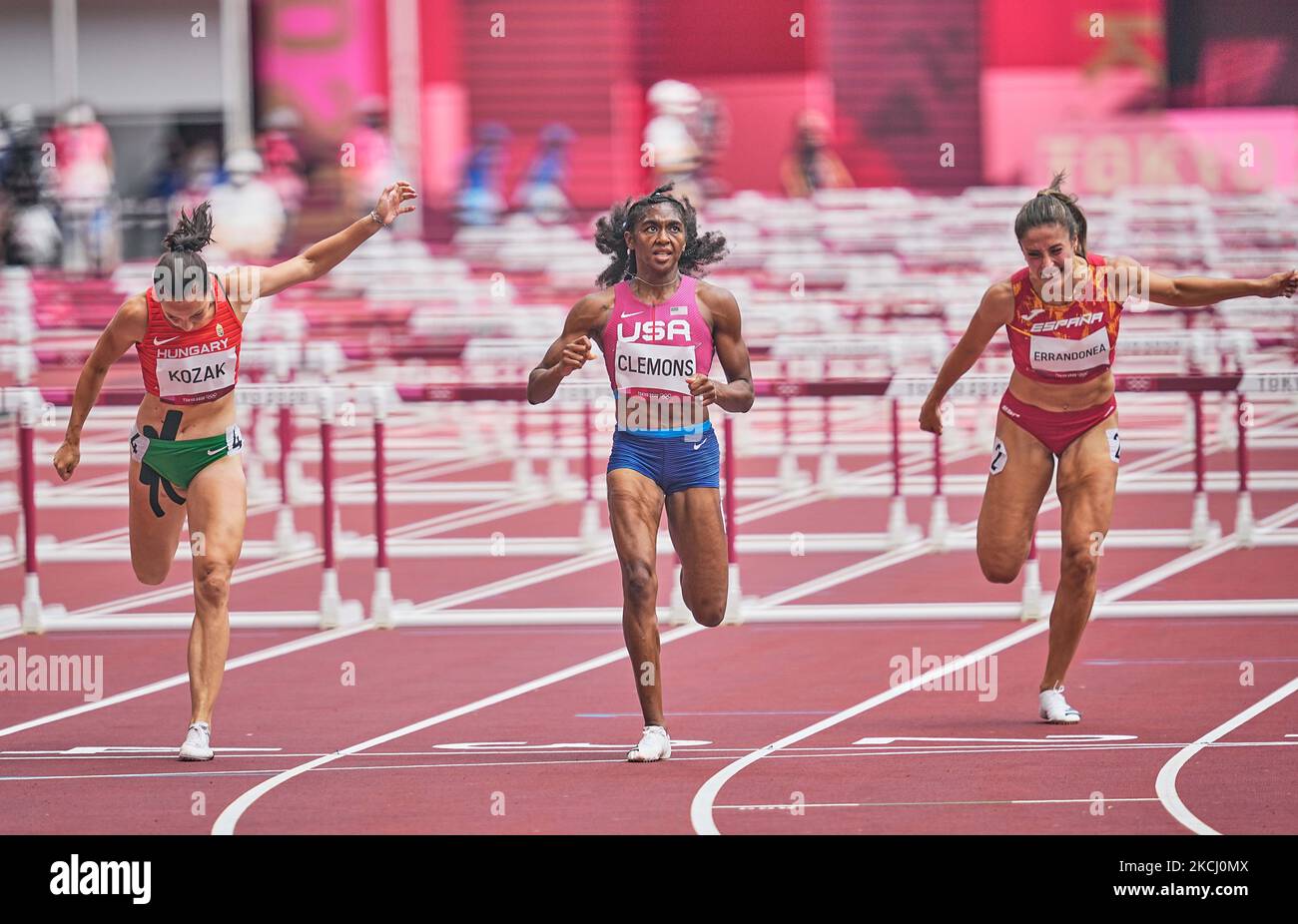 Christina Clemons from USA during 100 meter hurdles for women at the Tokyo Olympics, Tokyo Olympic stadium, Tokyo, Japan on July 31, 2021. (Photo by Ulrik Pedersen/NurPhoto) Stock Photo