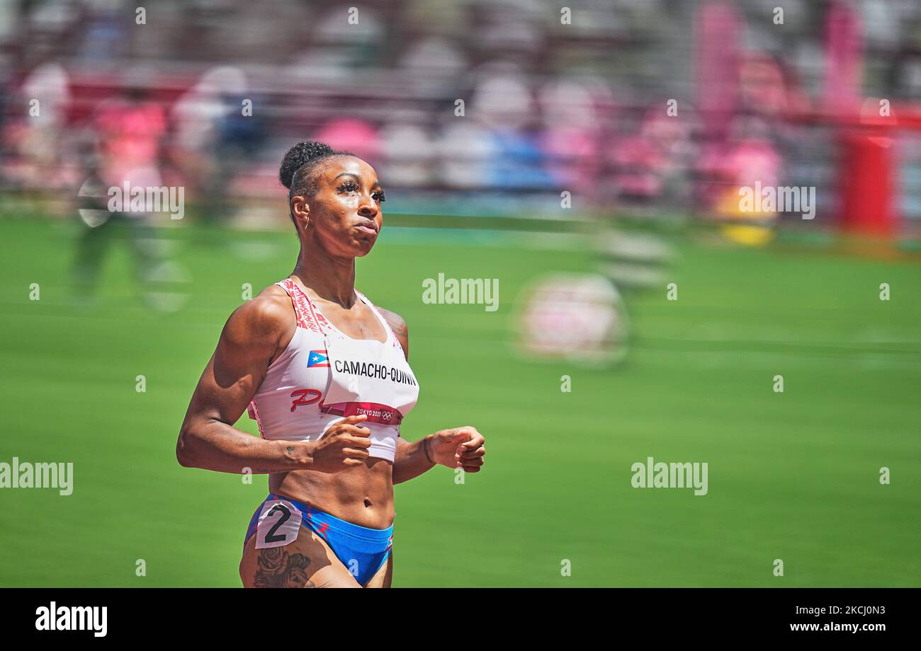 Jasmine CamachoQuinn from Puerto Rico during 100 meter hurdles for