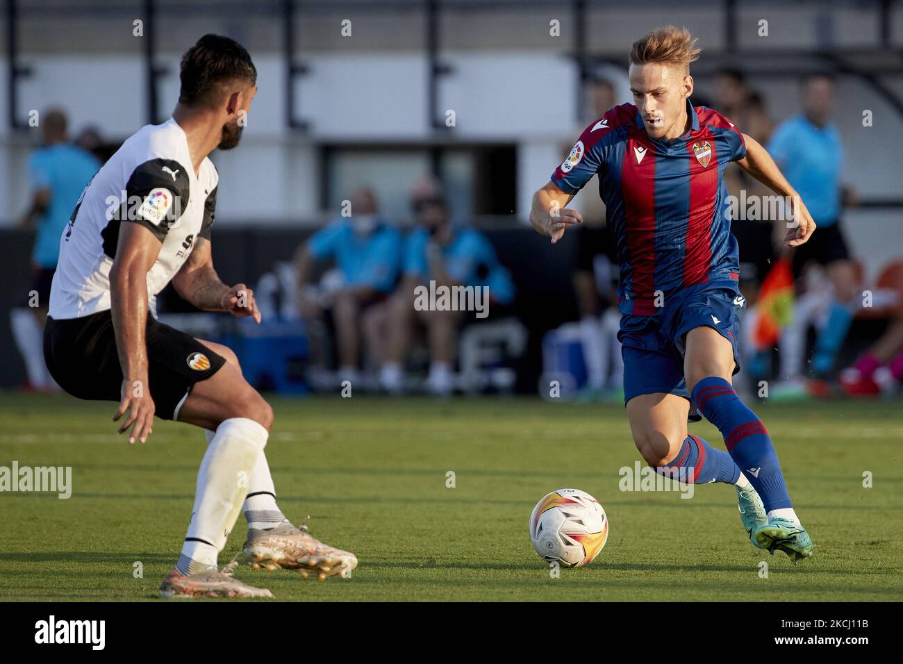 Players in action during the preseason friendly match between Valencia CF and Levante UD at Estadio Antonio Puchades in Valencia, Spain. (Credit: Indira) (Photo by DAX Images/NurPhoto) Stock Photo