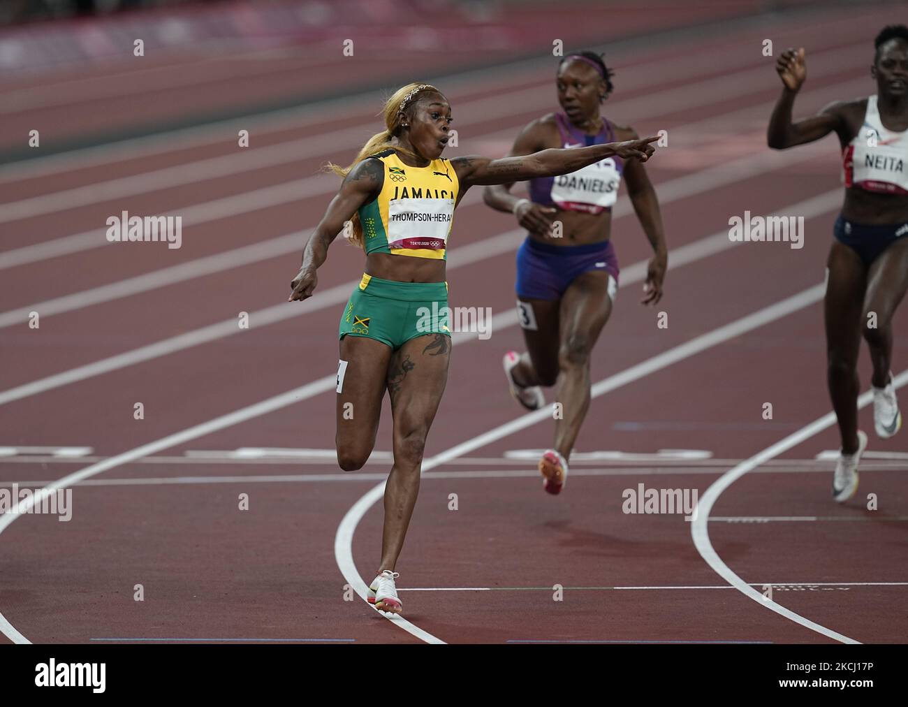 Elaine Thompson-Herah wins the gold in 100 meter for women in 9.61 , Olympic record, at the Tokyo Olympics, Tokyo Olympic stadium, Tokyo, Japan on July 31, 2021. (Photo by Ulrik Pedersen/NurPhoto) Stock Photo