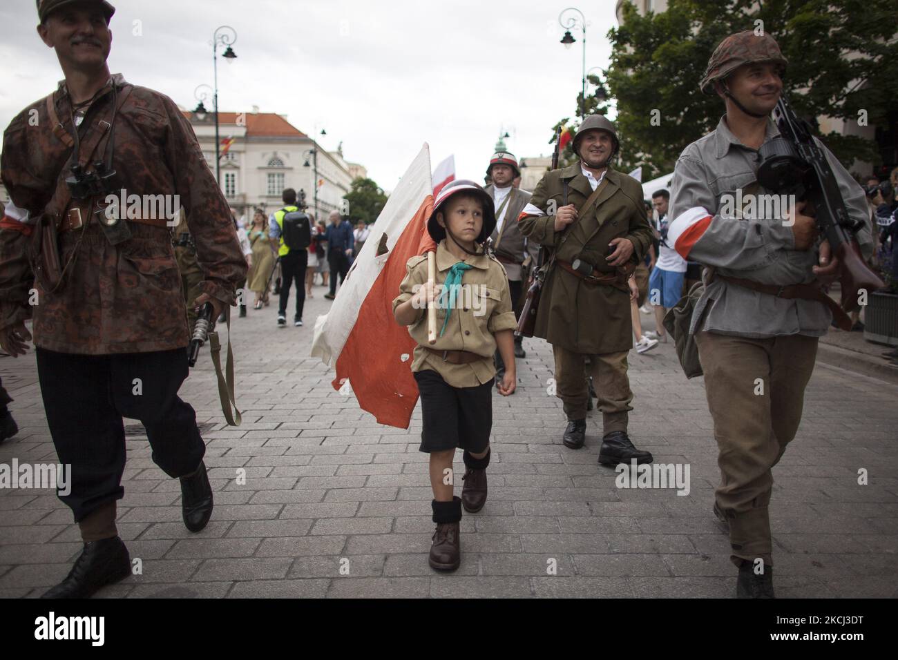A child disguised as an insurgent seen during 77 anniversary of Warsaw Uprising in Warsaw on August 1, 2021. (Photo by Maciej Luczniewski/NurPhoto) Stock Photo