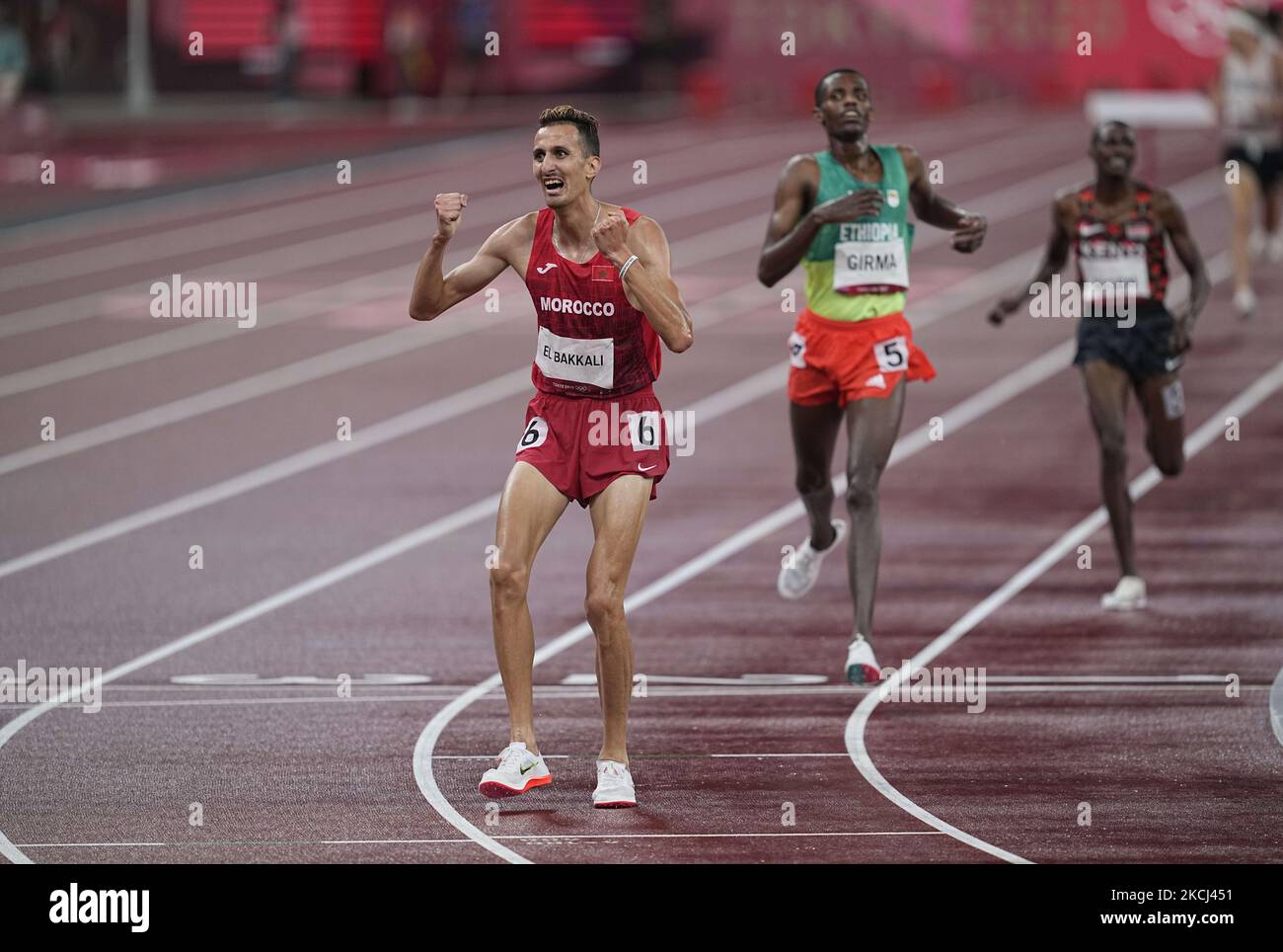 Soufiane El Bakkali from Marocco winning 3000 meter steeplechase for