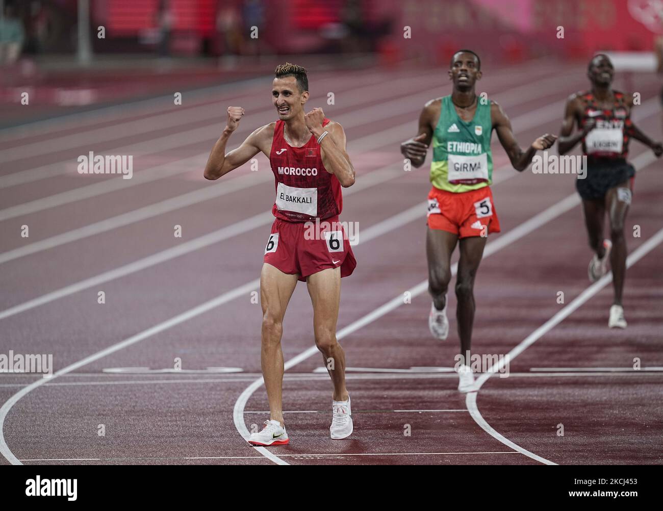 Soufiane El Bakkali from Marocco winning 3000 meter steeplechase for