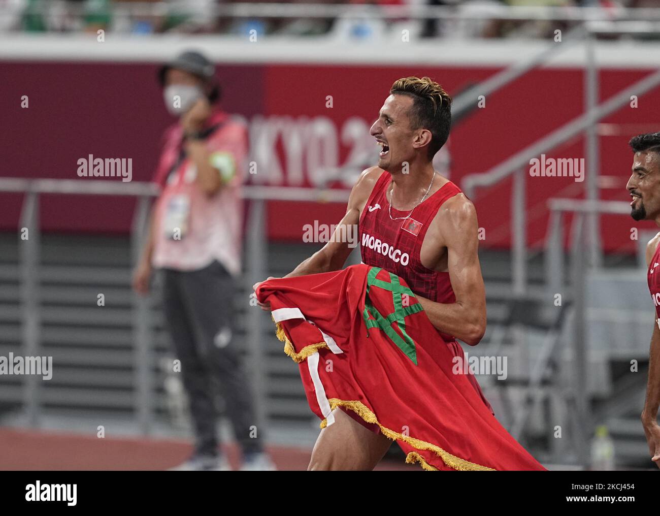Soufiane El Bakkali from Marocco winning 3000 meter steeplechase for men at the Tokyo Olympics, Tokyo Olympic stadium, Tokyo, Japan on August 2, 2021. (Photo by Ulrik Pedersen/NurPhoto) Stock Photo