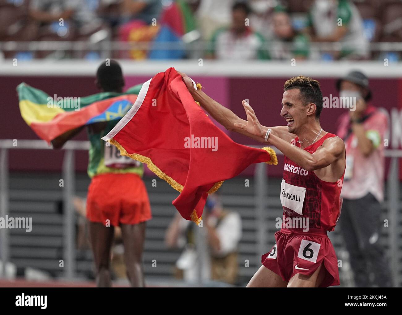 Soufiane El Bakkali from Marocco winning 3000 meter steeplechase for men at the Tokyo Olympics, Tokyo Olympic stadium, Tokyo, Japan on August 2, 2021. (Photo by Ulrik Pedersen/NurPhoto) Stock Photo
