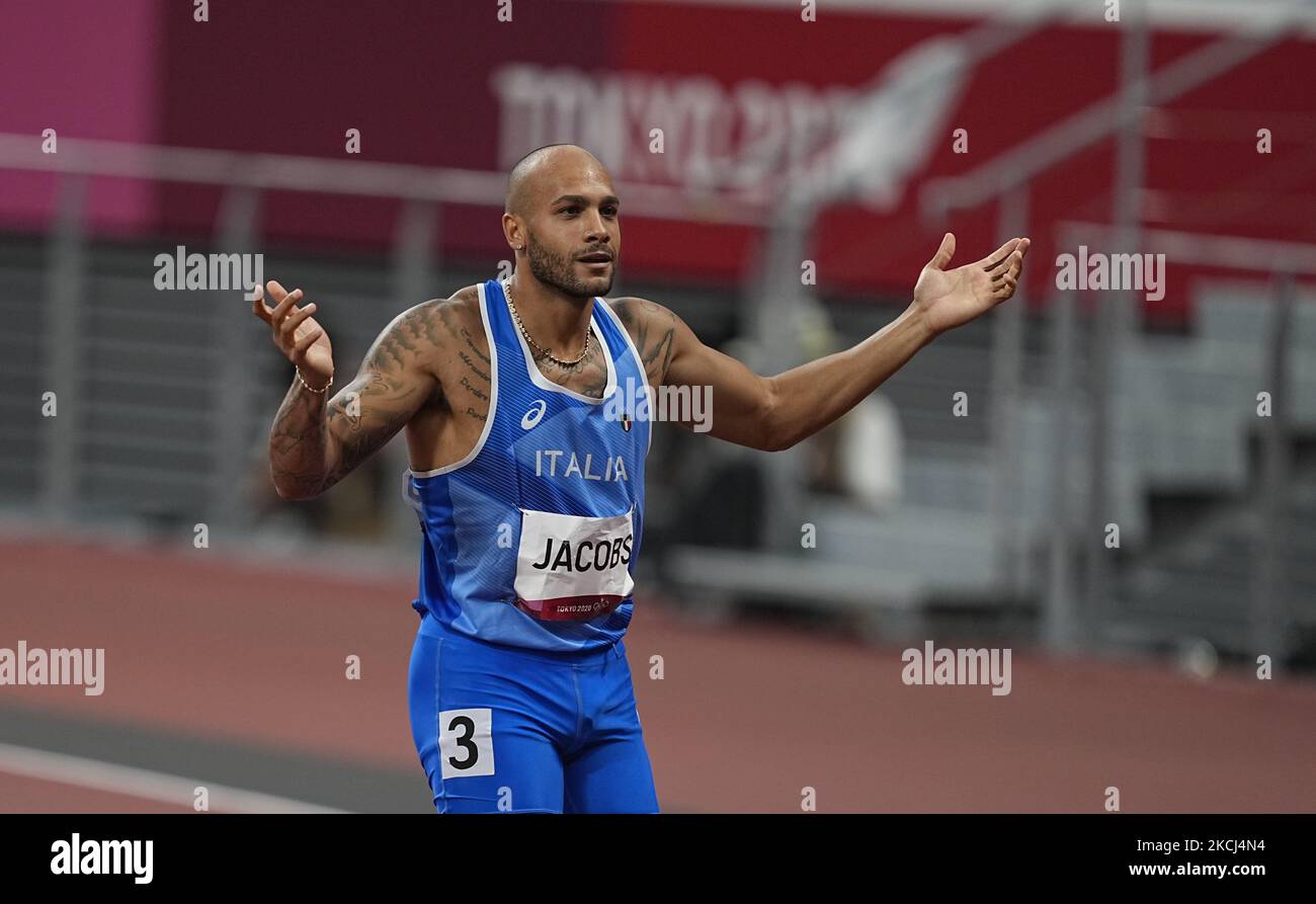 Lamont Marcell Jacobs winning gold at 100 meter at the Tokyo Olympics