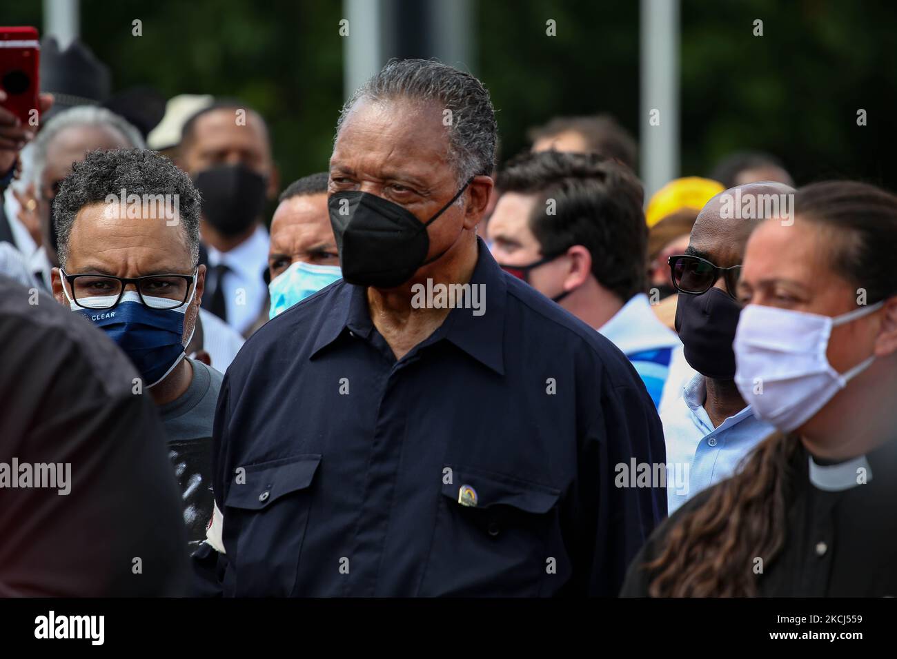 Reverend Jesse Jackson listens as Reverend William Barber II speaks at the Poor People's Campaign Moral Monday demonstration and civil disobedience action near the U.S. Capitol in Washington, D.C. on August 2, 2021 (Photo by Bryan Olin Dozier/NurPhoto) Stock Photo