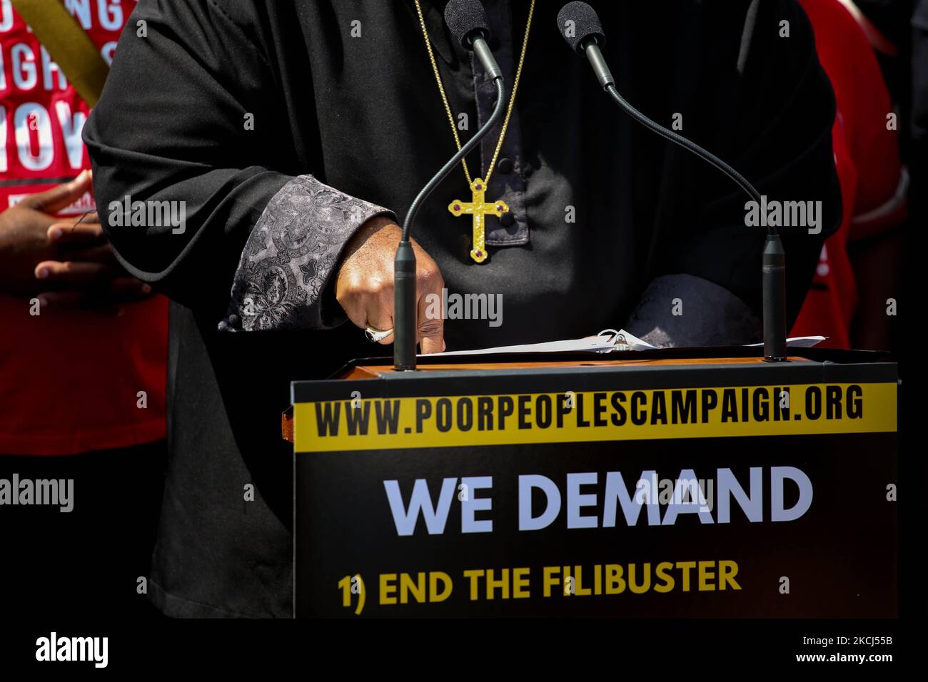 Reverend William Barber II pounds his finger against a podium as he speaks at the Poor People's Campaign Moral Monday demonstration and civil disobedience action near the U.S. Capitol in Washington, D.C. on August 2, 2021 (Photo by Bryan Olin Dozier/NurPhoto) Stock Photo