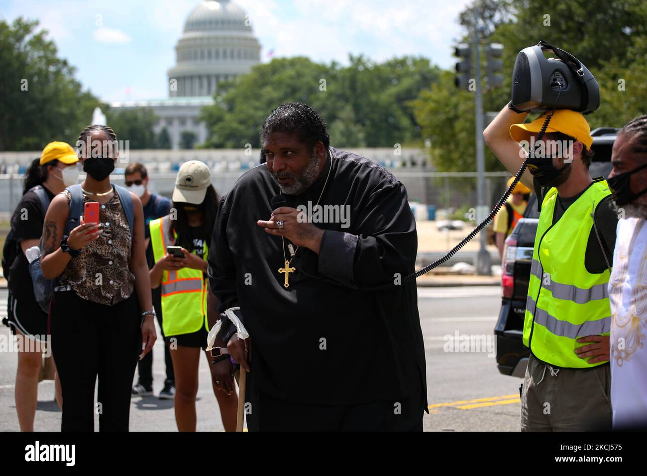 Reverend William Barber II speaks at the Poor People's Campaign Moral Monday demonstration and civil disobedience action near the U.S. Capitol in Washington, D.C. on August 2, 2021 (Photo by Bryan Olin Dozier/NurPhoto) Stock Photo