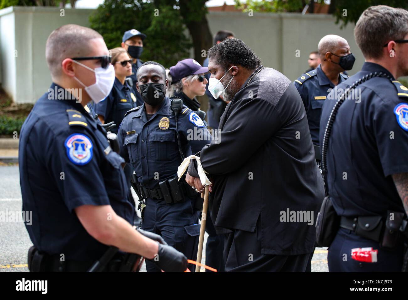 Reverend William Barber II is arrested by U.S. Capitol Police during the Poor People's Campaign Moral Monday demonstration and civil disobedience action near the U.S. Capitol in Washington, D.C. on August 2, 2021 (Photo by Bryan Olin Dozier/NurPhoto) Stock Photo