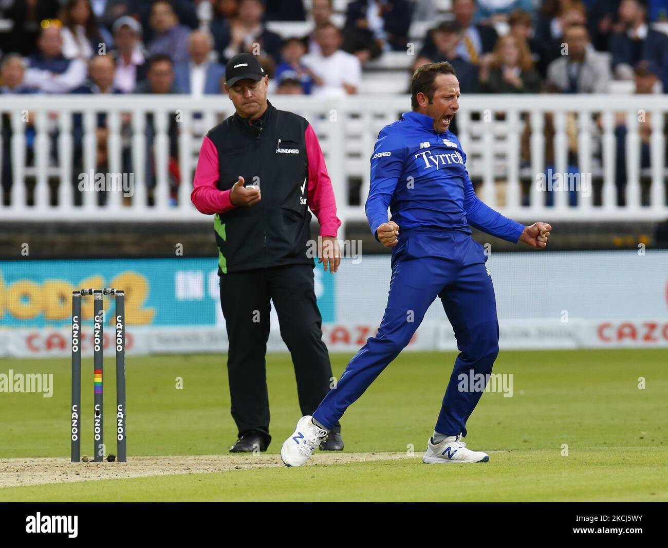 Roelof Van Der Merwe of London Spirit celebrates the catch of Devon Conway of Southern Brave during The Hundred between London Spirit Men and Southern Brave Men at Lord's Stadium , London, UK on August 1, 2021. (Photo by Action Foto Sport/NurPhoto) Stock Photo