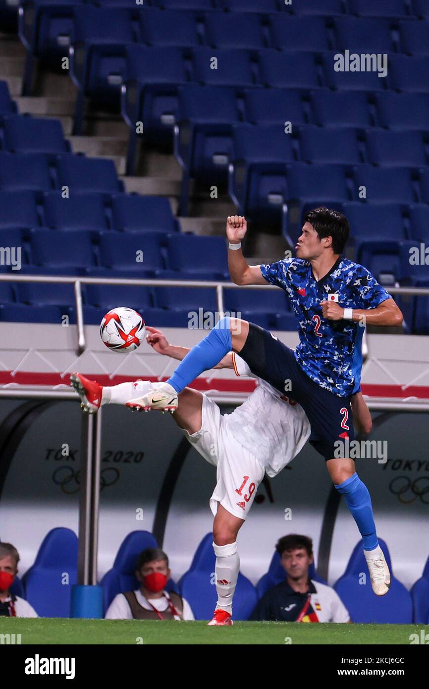 (2) Hiroki SAKAI of Team Japan competes for the ball with (19) Dani OLMO of Team Spain during the match between Japan and Spain on day eleven of the Tokyo 2020 Olympic Games at Saitama Stadium (Photo by Ayman Aref/NurPhoto) Stock Photo