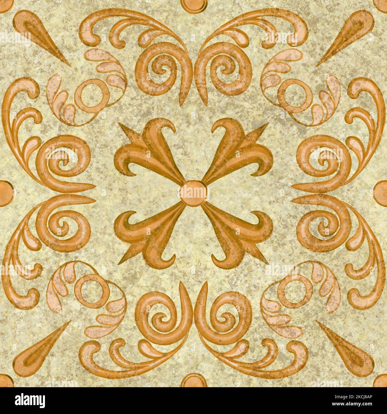 Vintage Moroccan tiles seamless pattern. Endless retro background in majolica style. Italian classic style of shabby old tiles. For wallpaper and fabr Stock Photo