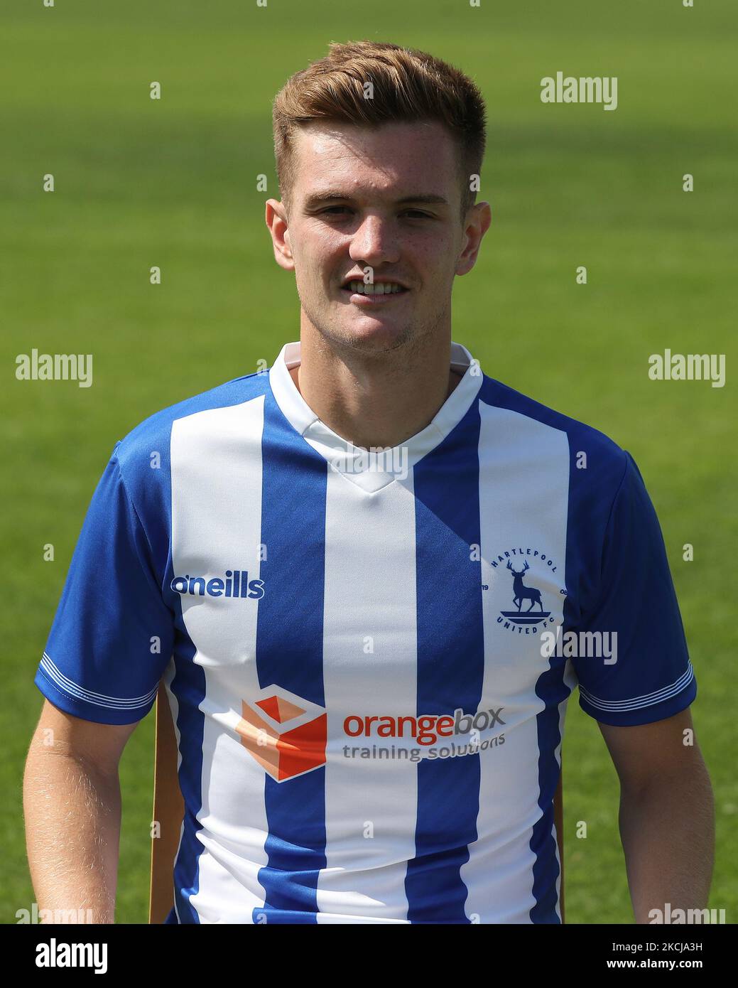 Mark Shelton of Hartlepool United during the Hartlepool United training and media day at Victoria Park, Hartlepool on Thursday 5th August 2021. (Photo by Mark Fletcher/MI News/NurPhoto) Stock Photo