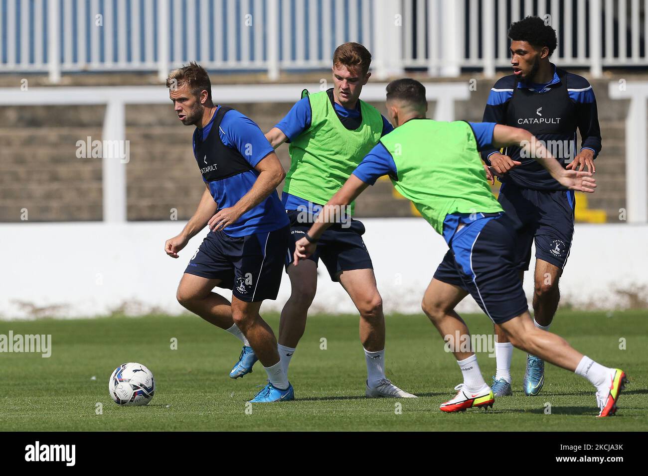 Hartlepool United's Nicky Featherstone in action with Mark Shelton, Luke Molyneux and Tyler Burey during the Hartlepool United training and media day at Victoria Park, Hartlepool on Thursday 5th August 2021. (Photo by Mark Fletcher/MI News/NurPhoto) Stock Photo