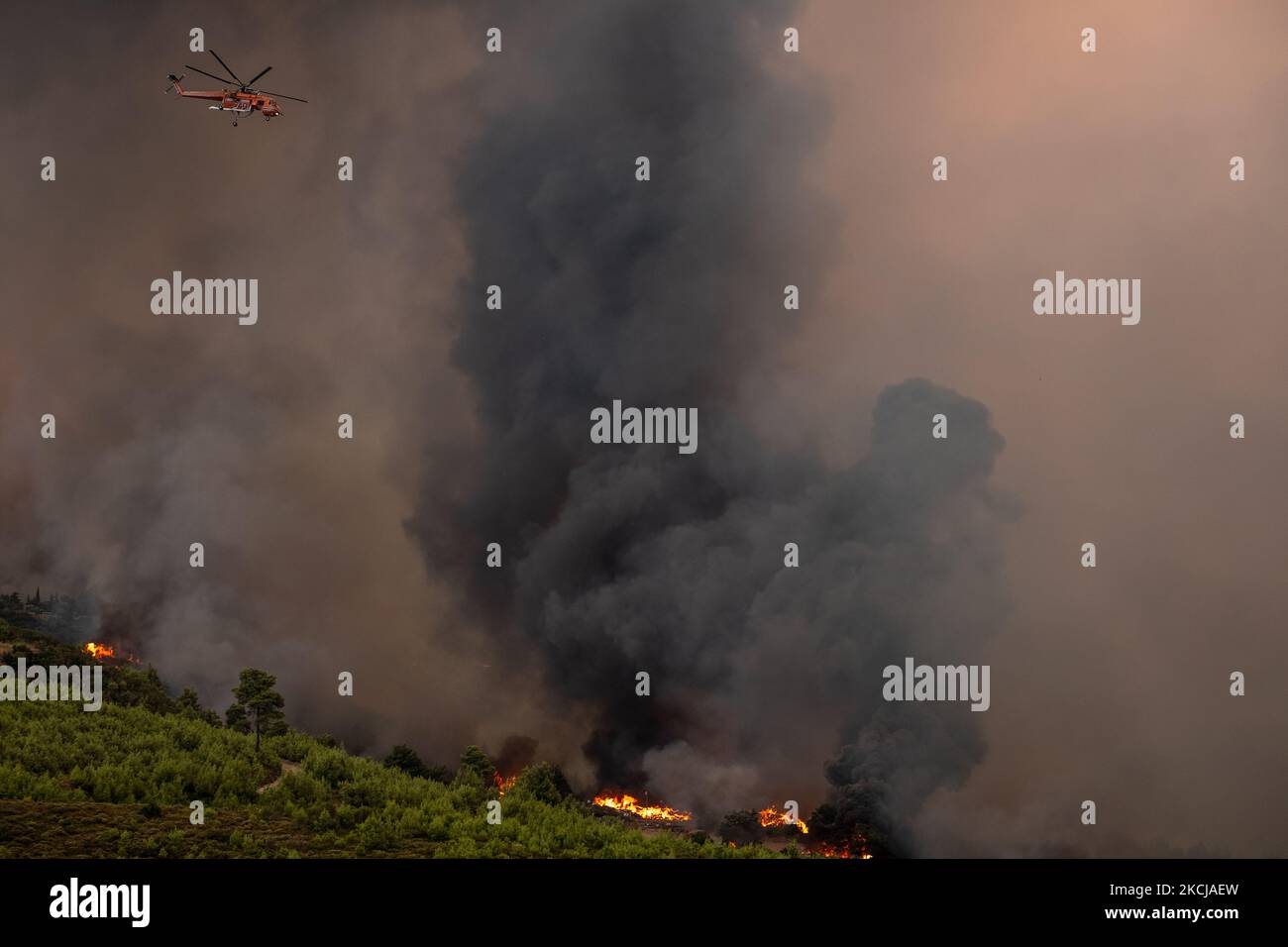 An Erickson fire fighting helicopter is flying above the fire. A massive force of firefighters