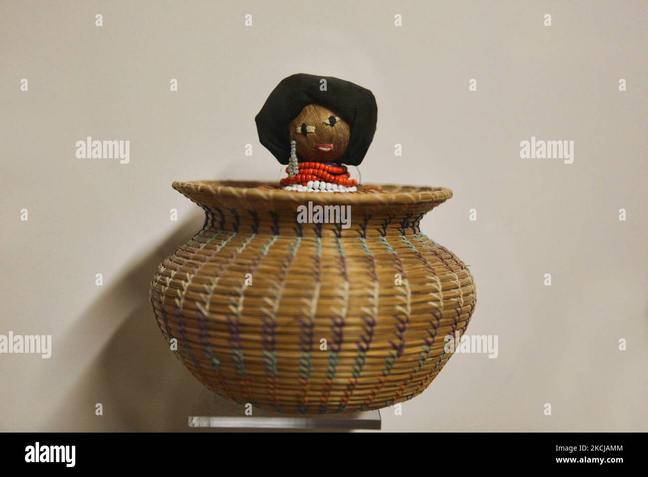 Traditional Native Indian sweet grass basket on display in the Seminole