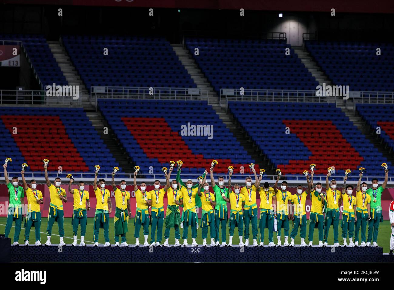 Gold medalists of Team Brazil celebrate on the podium with their gold medals during the Men's Football Competition Medal Ceremony on day fifteen of the Tokyo 2020 Olympic Games at International Stadium Yokohama on August 07, 2021 in Yokohama, Kanagawa, Japan (Photo by Ayman Aref/NurPhoto) Stock Photo