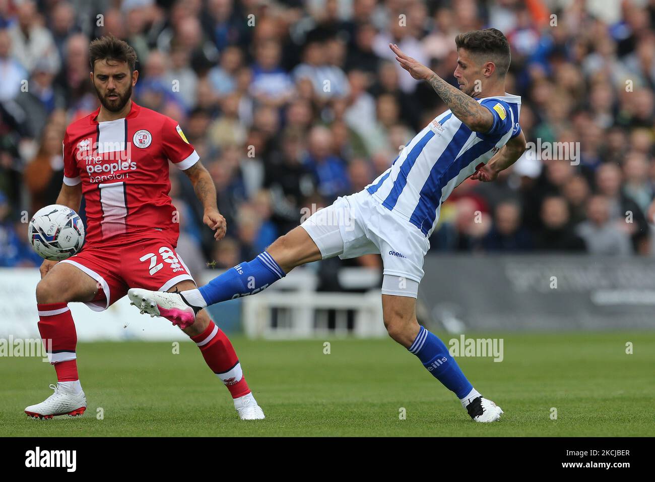 Hartepool, County Durham, UK. 27th Oct 2020. Hartlepool United's Gavan  Holohan in action with Altrincham's Tom Hannigan during the Vanarama  National League match between Hartlepool United and Altrincham at Victoria  Park, Hartlepool