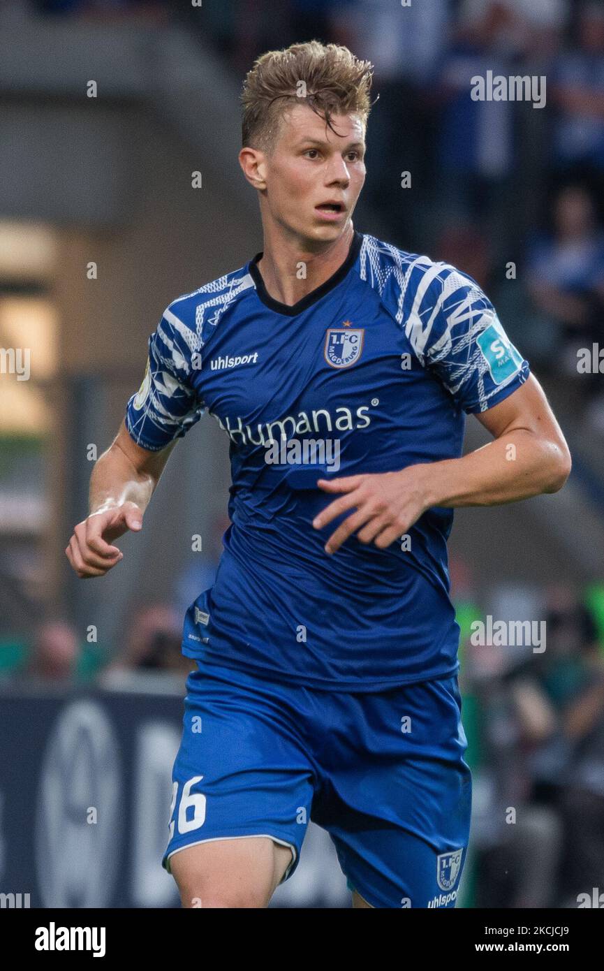 Luca Schuler of 1. FC Magdeburg looks on during the DFB CUP first round match match between 1. FC Magdeburg and FC St. Pauli at MDCC-Arena on August 07, 2021 in Magdeburg, Germany. (Photo by Peter Niedung/NurPhoto) Stock Photo