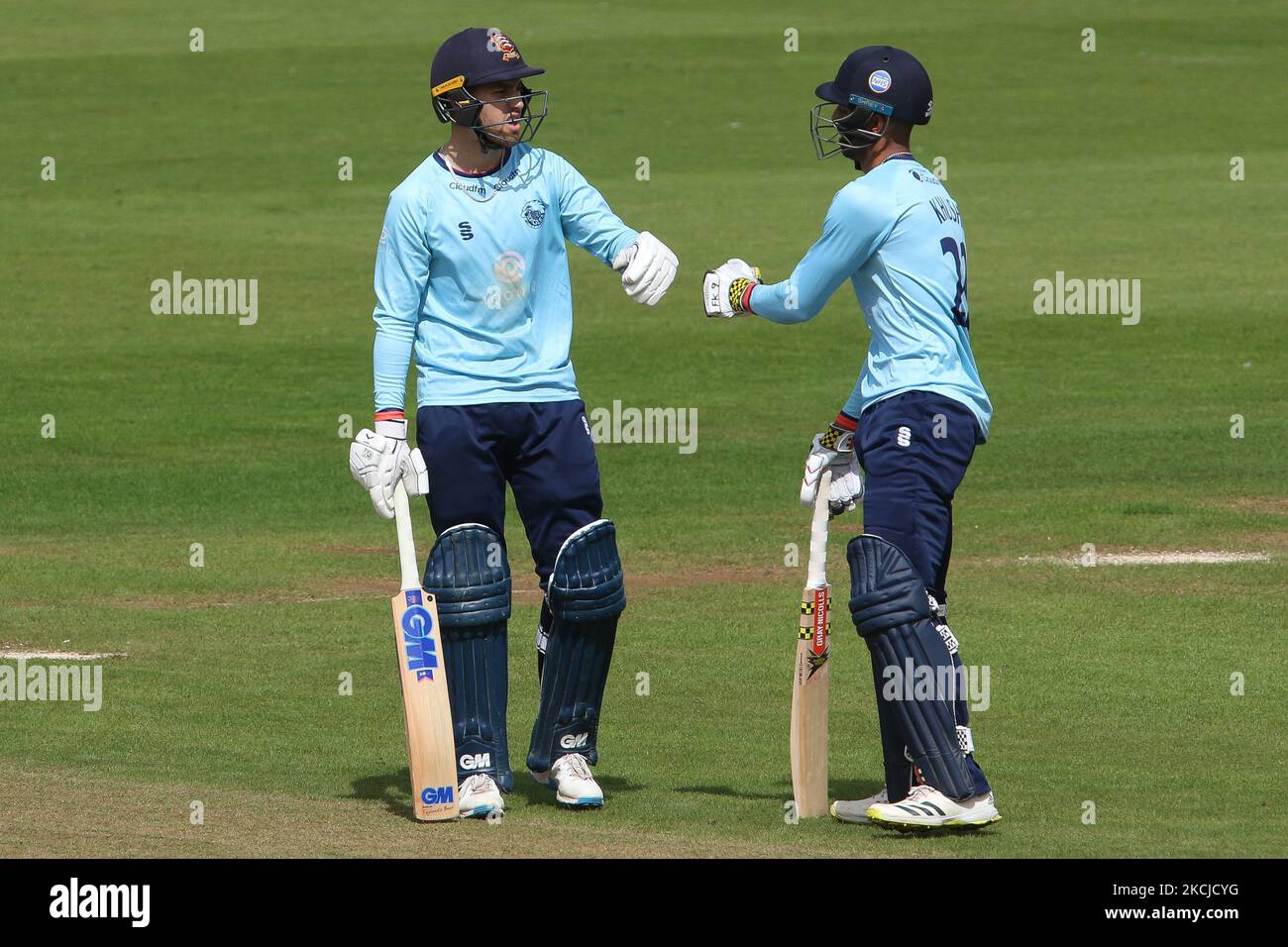 Josh Rymel Josh Rymell of Essex (l) and Feroze Khushi of Essex fist bump during ...