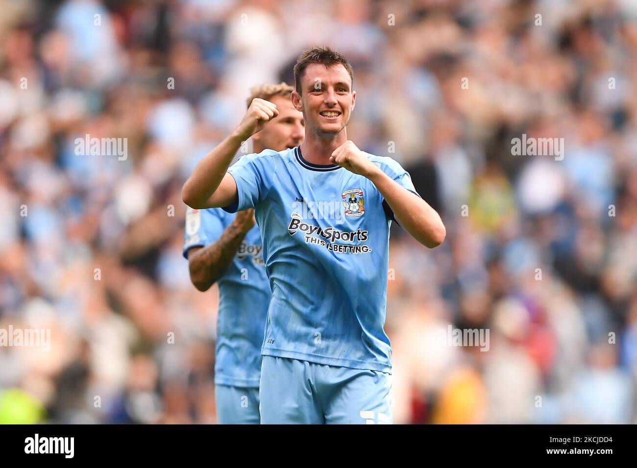 Dominic Hyam of Coventry City celebrates victory during the Sky Bet Championship match between Coventry City and Nottingham Forest at the Ricoh Arena, Coventry, England on 8th August 2021. (Photo by Jon Hobley/MI News/NurPhoto) Stock Photo